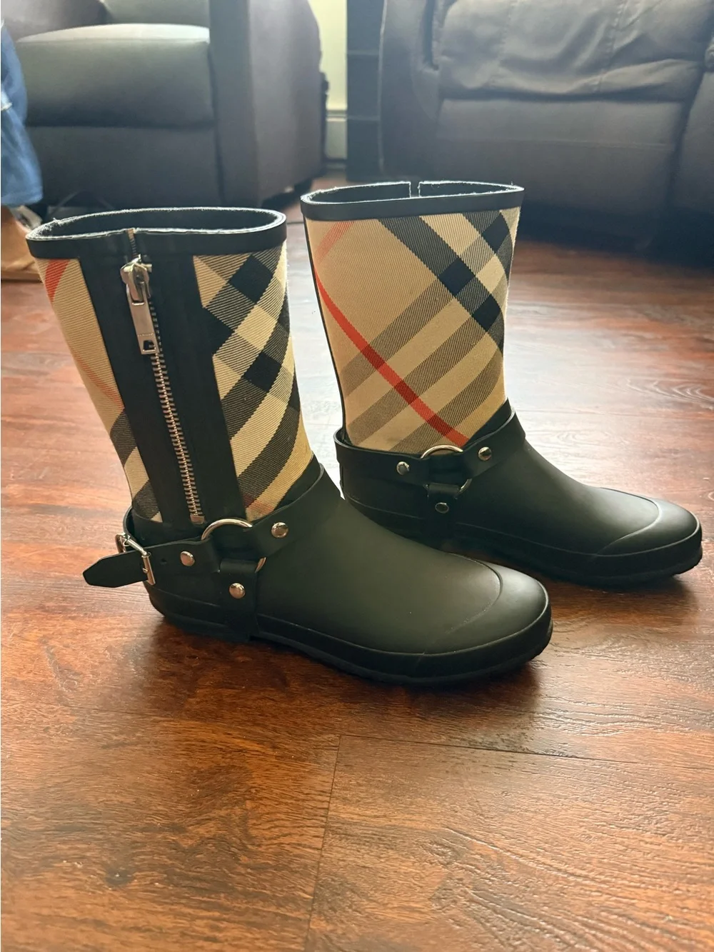 Burberry Black & Beige Plaid Harness Rain Boots